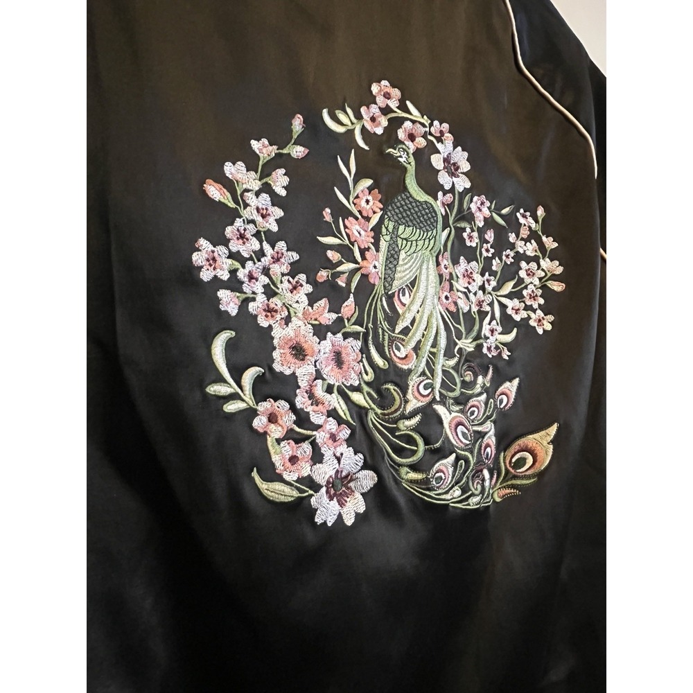 Black Satin Embroidered Peacock Cherry Blossom Bomber Jacket XL Ashley Coquette - Picture 6 of 11